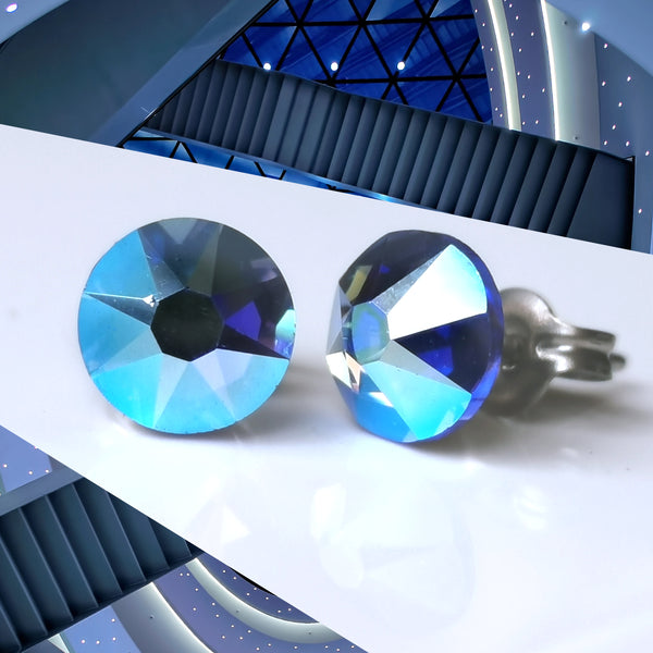 Sapphire Blue AB Crystal Titanium Earrings, 6.5mm